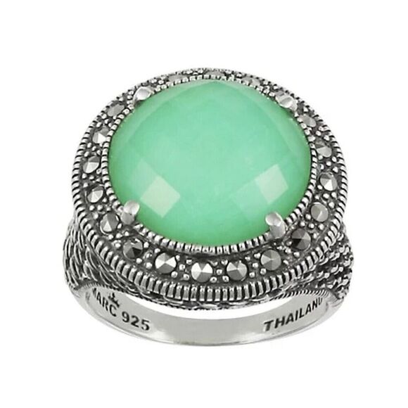 QVC Suspicion Size 7 Jade Sterling Silver Marcasite Ring Cocktail Signed New - Picture 1 of 1